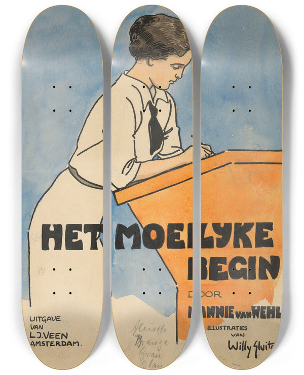 Triptych art skateboard deck of Willy Sluiter Bandontwerp Voor Nannie Van Wehl Het Moeilijke Begin 1915 by Willy Sluiter