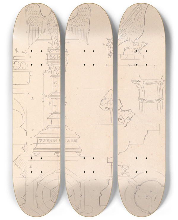 Triptych art skateboard deck of Augustus Pugin Sketches Volume Three by Augustus Pugin (1812-1852)