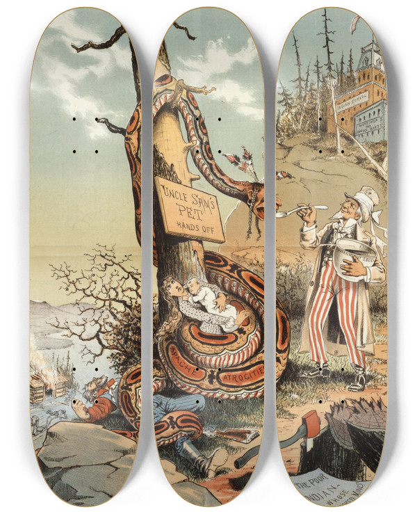 Triptych art skateboard deck of Grant Hamilton The Nations Ward by Grant Hamilton (1862-1926)