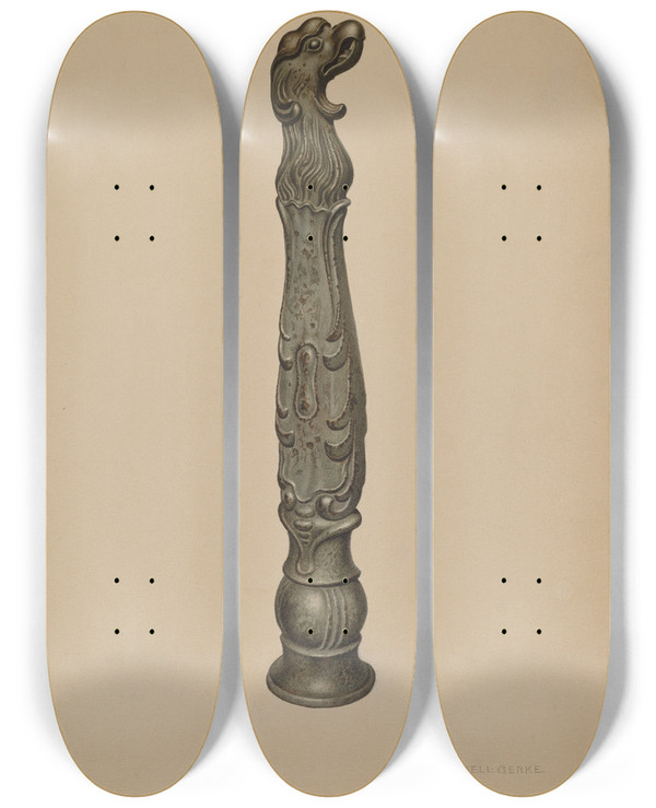 Triptych art skateboard deck of Rose Campbellgerke Iron Hitching Post by Rose Campbell Gerke (1882)