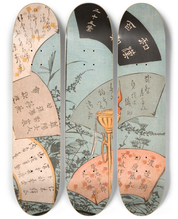 Triptych art skateboard deck of Tsukioka Yoshitoshi Title Page by Tsukioka Yoshitoshi (1839-1892)