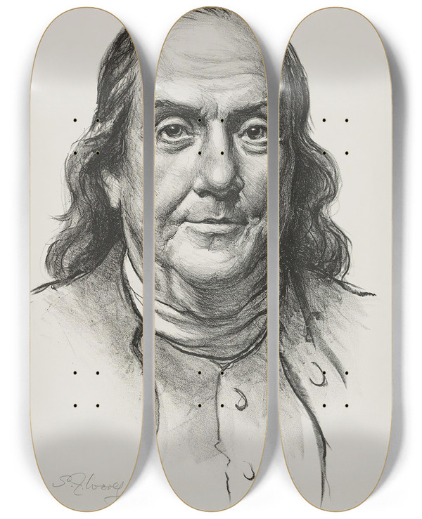 Triptych art skateboard deck of Samuel Johnson Woolf Benjamin Franklin by Samuel Johnson Woolf (1880-1948)