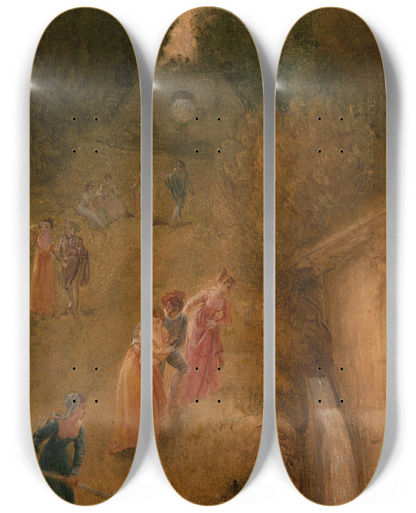 Triptych art skateboard deck of Thomas Stothard The Mill by Thomas Stothard (1755-1834)
