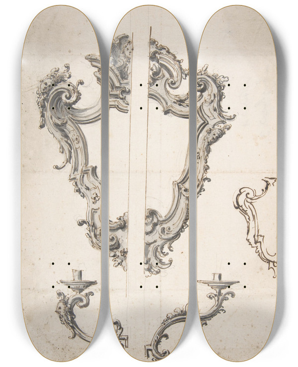 Triptych art skateboard deck of Giovanni Battista Natali Iii Designs For Mirror Frames And Sconces by Giovanni Battista Iii Natali (1698-1765)