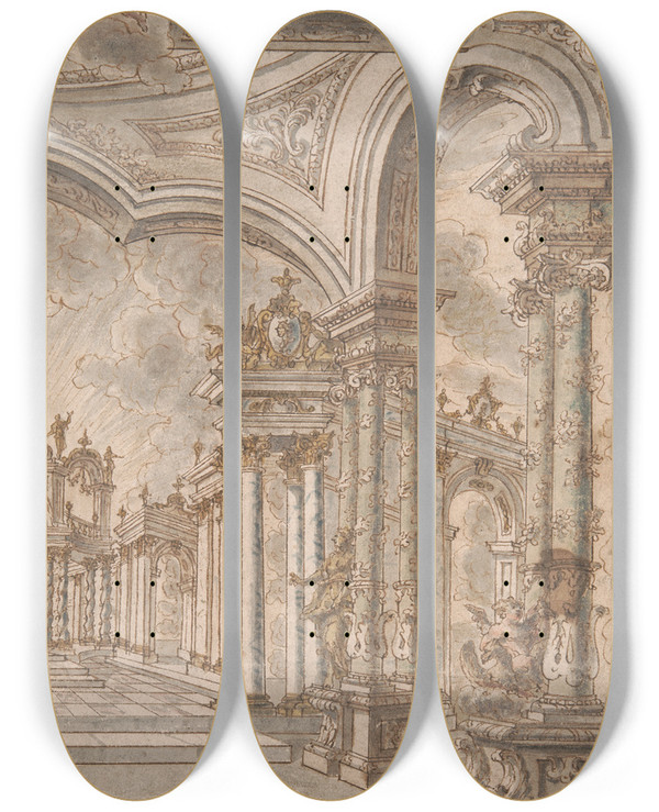 Triptych art skateboard deck of John Devoto An Architectural Fantasy by John Devoto