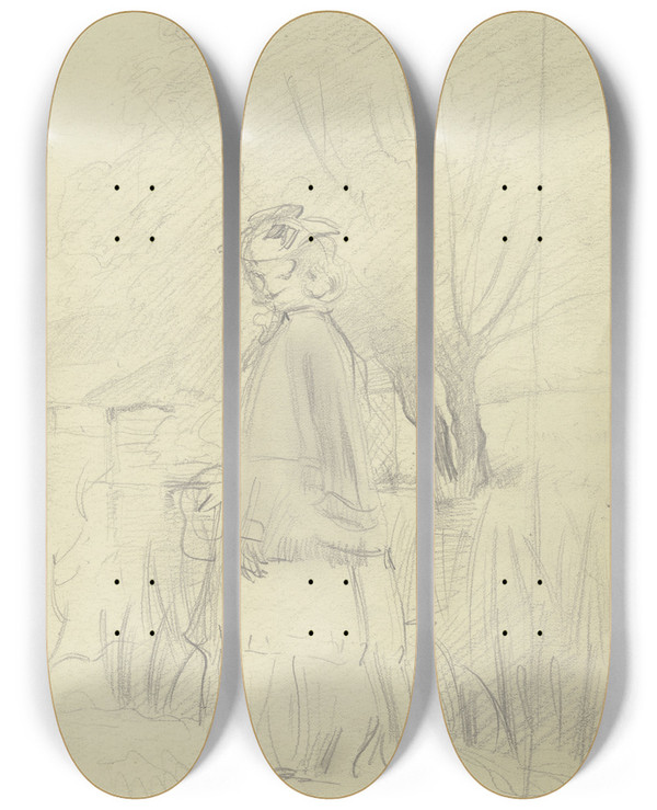 Triptych art skateboard deck of Otto Scholderer Luise Scholderer In Ihrem Morgenrock Spazierend by Otto Scholderer (1834-1902)