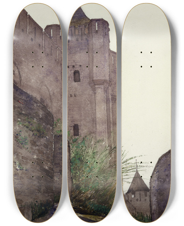Triptych art skateboard deck of Cass Gilbert Carcassonne by Cass Gilbert (1859-1934)