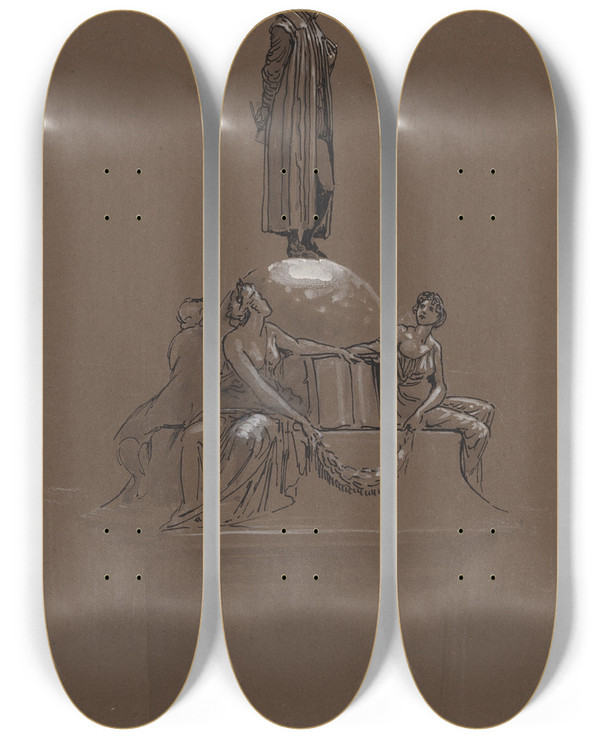 Triptych art skateboard deck of Walter Crane Design For A Shakespeare Memorial by Walter Crane (1845-1915)