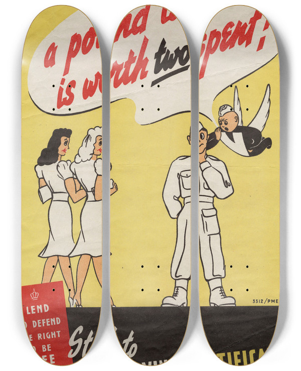 Triptych art skateboard deck of Edgar Longman A Pound Lent Is Worth Two Spent by Edgar Longman (20-)