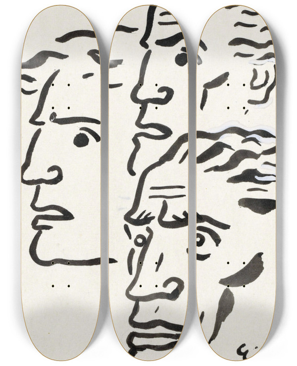 Triptych art skateboard deck of Leo Gestel Drie Mannenkoppen by Leo Gestel (1881-1941)