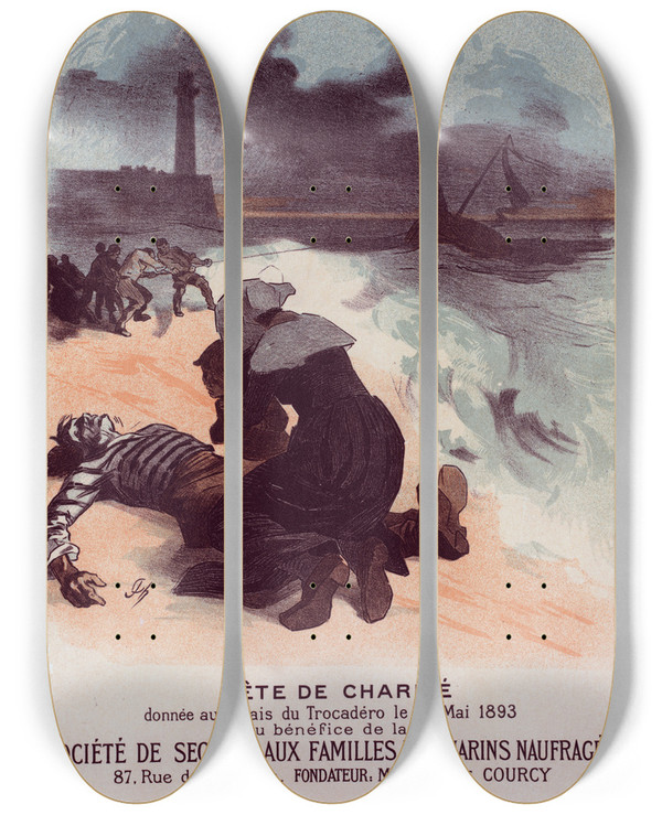 Triptych art skateboard deck of Jules Chret Fte De Charit by Jules Cheret (1836-1932)