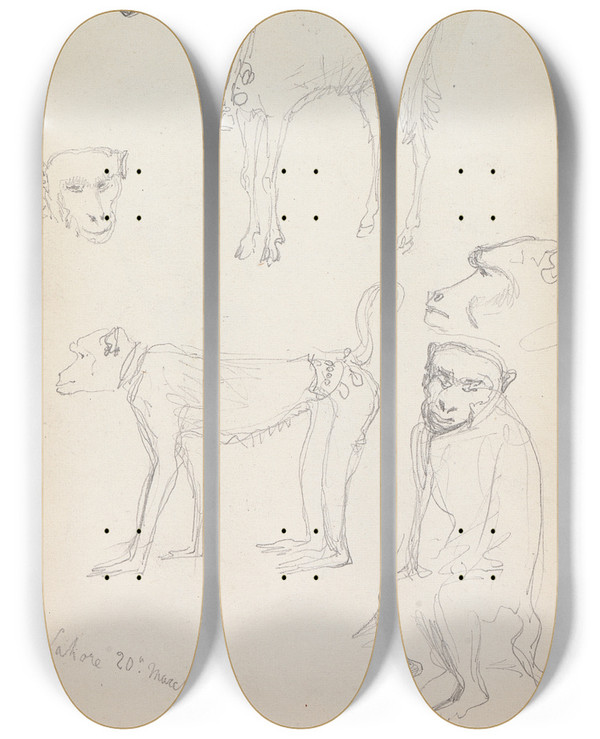 Triptych art skateboard deck of William Simpson Monkeys And A Goat Lahore by William Simpson (1823-1899)