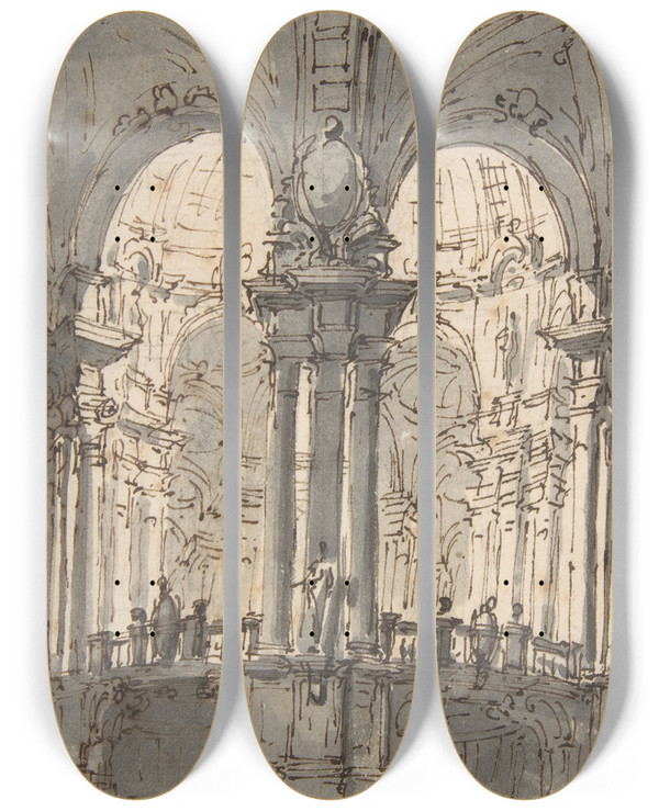 Triptych art skateboard deck of Giovanni Battista Natali Iii Design For A Stage Set_2 by Giovanni Battista Iii Natali (1698-1765)