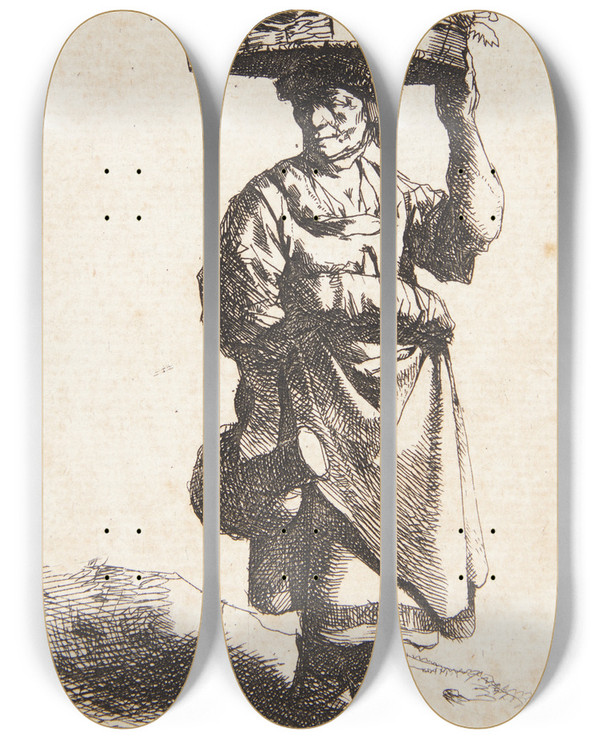 Triptych art skateboard deck of Cornelis Pietersz Bega Kvinde Med Kurv P Hovedet by Cornelis Pietersz Bega (1631-1664)