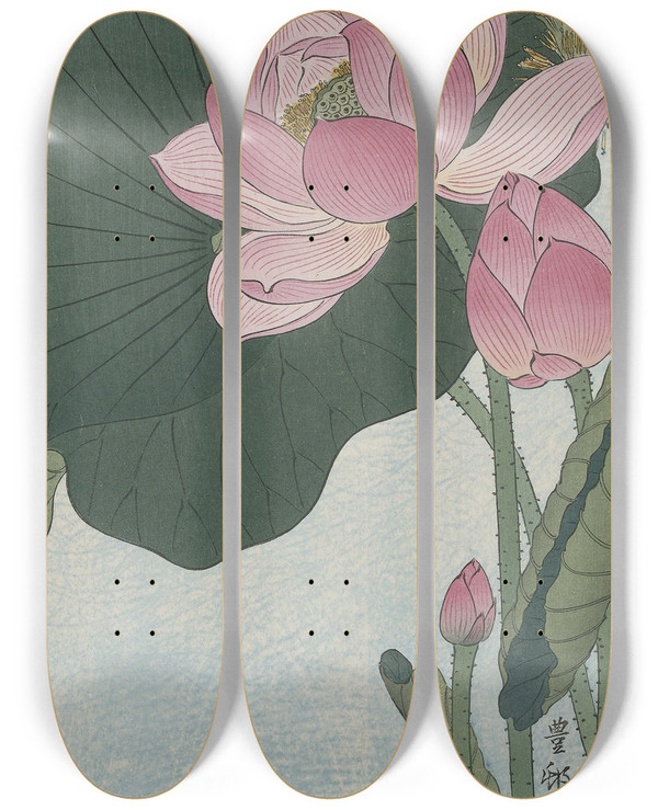Triptych art skateboard deck of Ohara Koson Blooming Lotus Flowers by Ohara Koson (1877-1945)