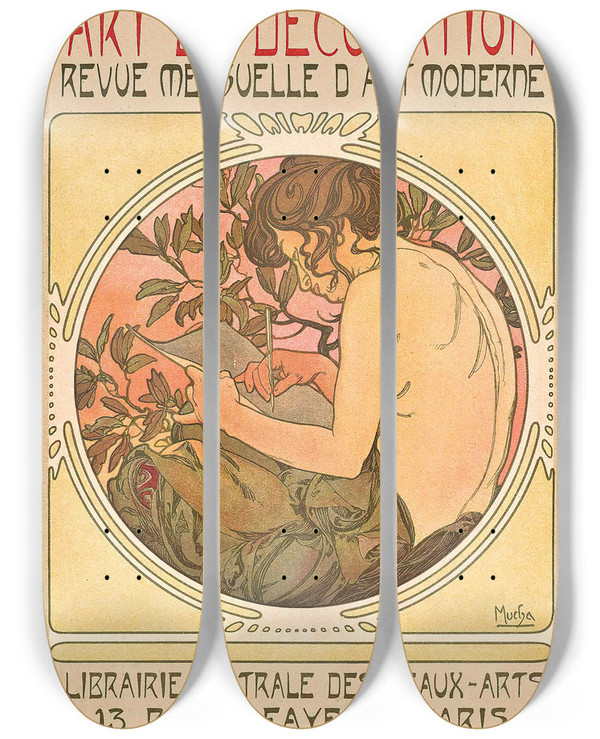 Triptych art skateboard deck of Alphonse Mucha Documents Dcoratives by Alphonse Mucha (1860-1939)
