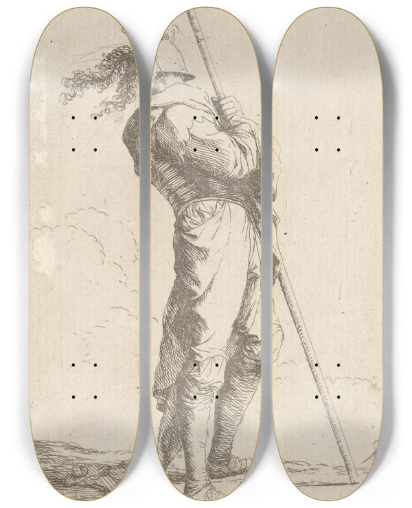 Triptych art skateboard deck of Salvator Rosa Soldier Holding His Lance With Both Hands by Salvator Rosa (1615-1673)