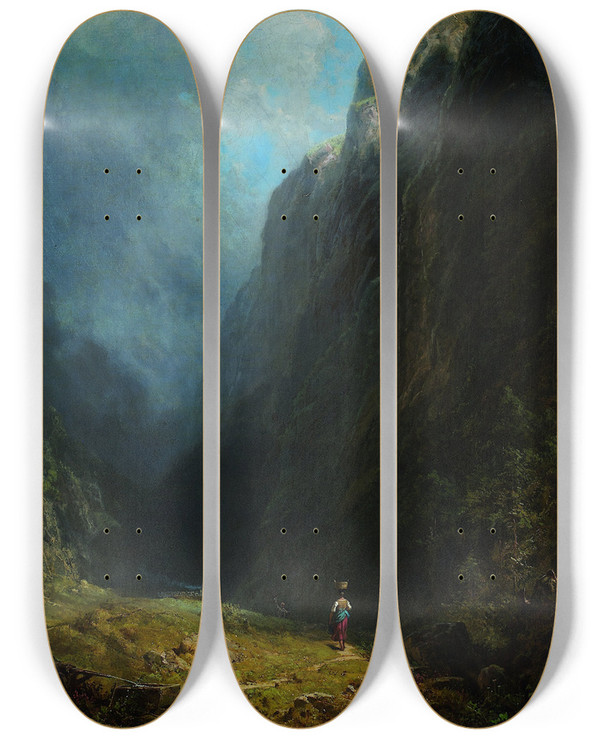 Triptych art skateboard deck of Carl Spitzweg In The Alpine High Valley Landscape With Mt Wendelstein by Carl Spitzweg (1808-1880)