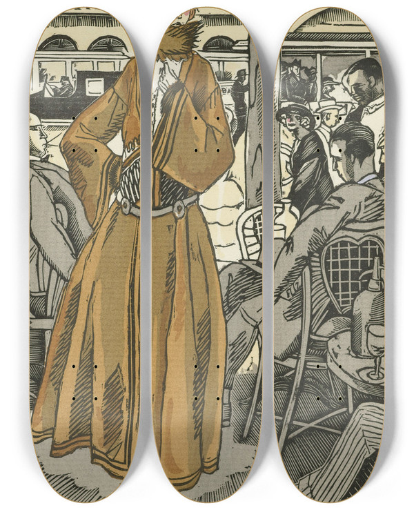 Triptych art skateboard deck of Fernand Simon Le Djeuner Au Cabaret Tailleur En Cottaperllaine De Rodier by Fernand Simeon (1884-1928)