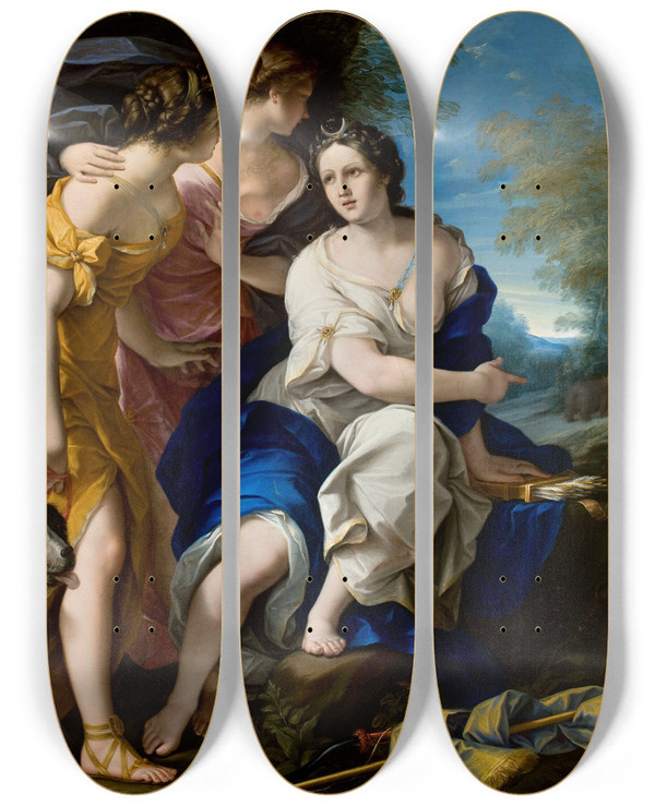 Triptych art skateboard deck of Felice Torelli Diana With Nymphs by Felice Torelli (1667-1748)