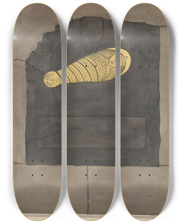 Triptych art skateboard deck of Daniel Lysons Brass Plate For Unidentified Infant From East Ham Church by Daniel Lysons (1762-1834)