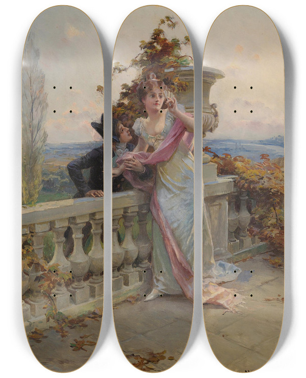 Triptych art skateboard deck of Daniel Hernndez Morillo On The Balcony by Daniel Hernandez Morillo (1856-1932)