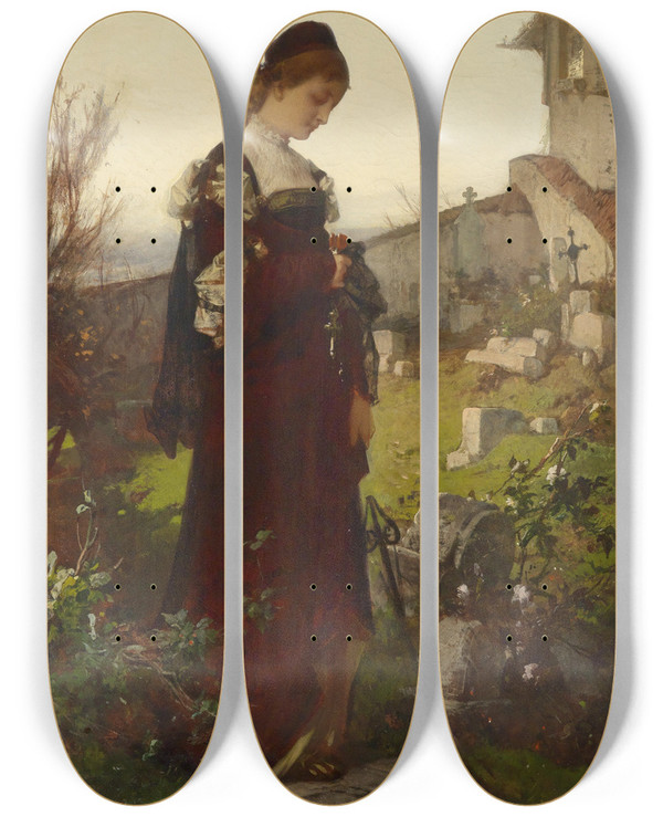 Triptych art skateboard deck of Alexander Von Liezenmayer Mdchen Auf Einem Friedhof by Alexander Von Liezen Mayer (1839-1898)
