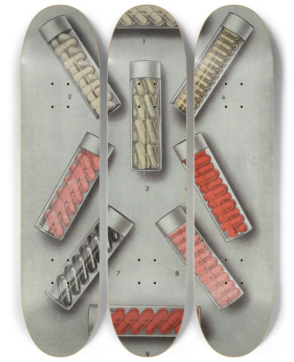Triptych art skateboard deck of Eli Lilly Company Display Samples Only Lilly Pulvules by Eli Lilly Company (19-20-)
