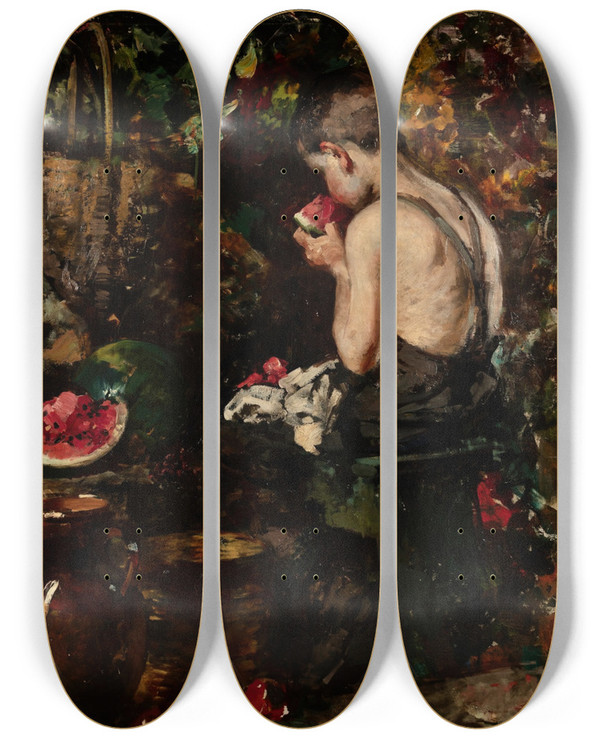 Triptych art skateboard deck of Vincenzo Irolli A Young Boy Eating A Watermelon by Vincenzo Irolli (1860-1949)