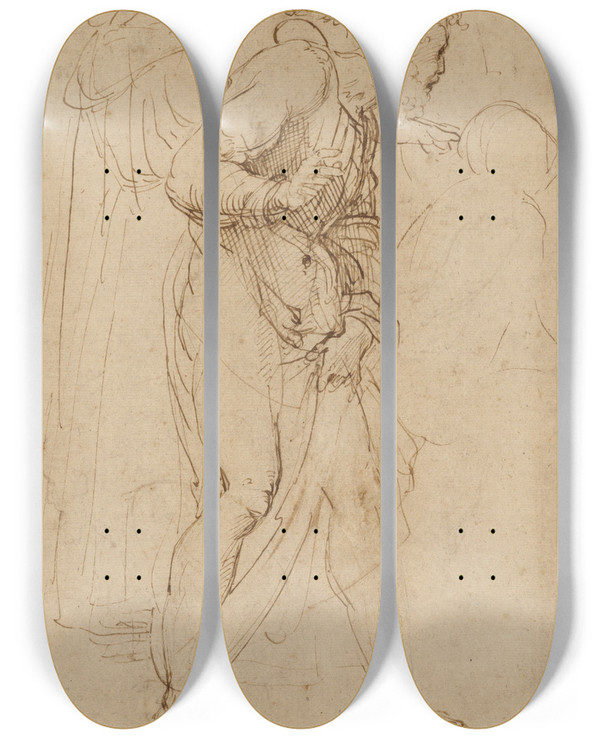Triptych art skateboard deck of Raphael Studies For The Disputa_1 by Raphael (1483-1520)