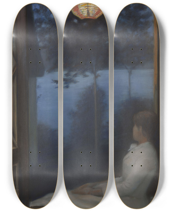 Triptych art skateboard deck of Oda Krohg A Japanese Lantern by Oda Krohg (1860-1935)