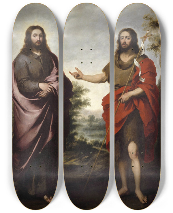 Triptych art skateboard deck of Bartolom Estebn Murillo Saint John The Baptist Pointing To Christ by Bartolome Esteban Murillo (1617-1682)