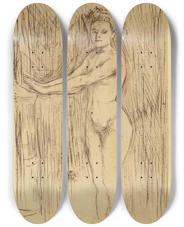 Triptych art skateboard deck of Edvard Munch Nude Woman Model Warming Her Hands by Edvard Munch (1863-1944)