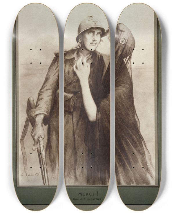 Triptych art skateboard deck of Louis Rmy Sabattier Merci by Louis Remy Sabattier (1863-1935)