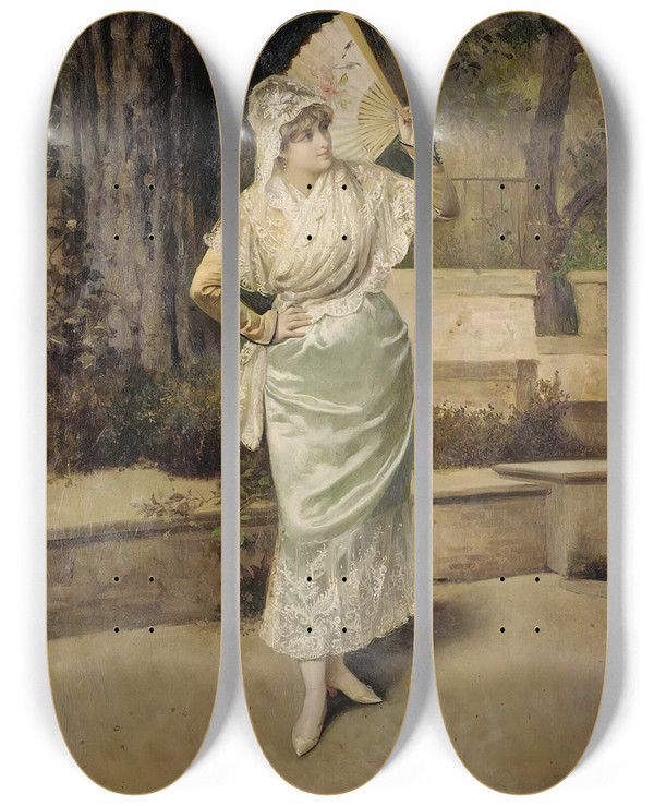 Triptych art skateboard deck of Victor Gabriel Gilbert A Good Read by Victor Gabriel Gilbert (1847-1933)