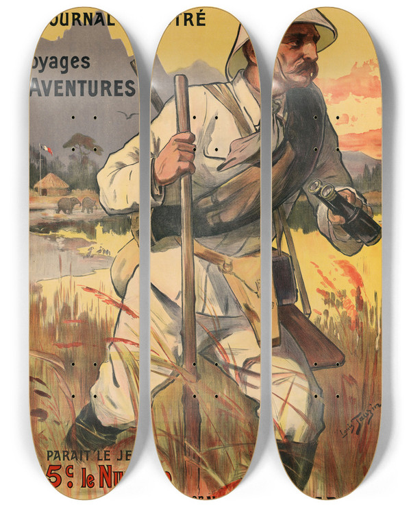 Triptych art skateboard deck of Louis Tauzin Le Globe Trotter by Louis Tauzin (1845-1914)
