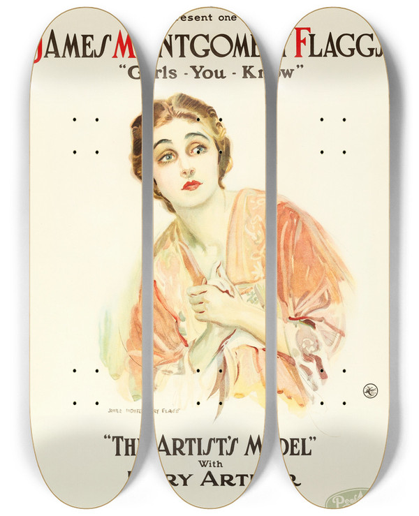 Triptych art skateboard deck of James Montgomery Flagg The Artists Model by James Montgomery Flagg (1877-1960)