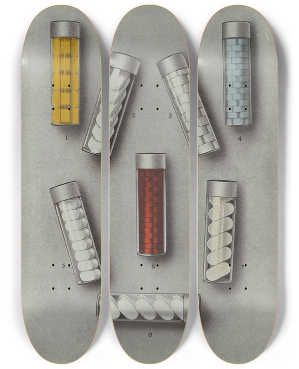 Triptych art skateboard deck of Eli Lilly Company Display Samples Only Lilly Solvets For Solutions by Eli Lilly Company (19-20-)