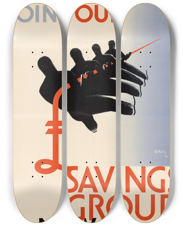 Triptych art skateboard deck of Pat Keely Join Your Savings Group Now by Pat Keely (1901-1970)