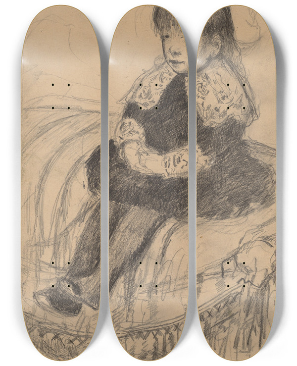 Triptych art skateboard deck of Mary Cassatt Child Seated On A Sofa by Mary Cassatt (1844-1926)