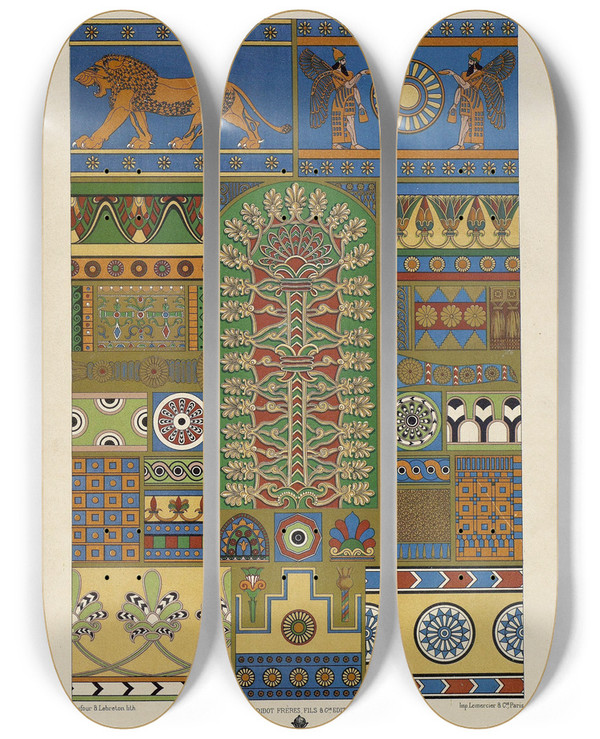 Triptych art skateboard deck of Auguste Racinet Assyrien by Auguste Racinet (1825-1893)