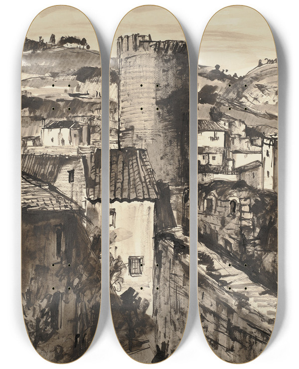 Triptych art skateboard deck of Hermann Lismann Tossa De Mar by Hermann Lismann (1878-1943)