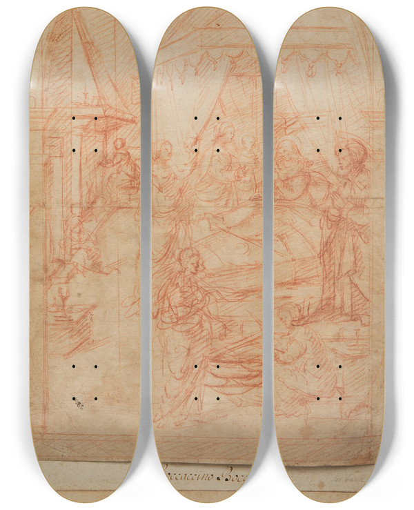 Triptych art skateboard deck of Boccaccio Boccaccino La Naissance De La Vierge by Boccaccio Boccaccino (1466-1525)