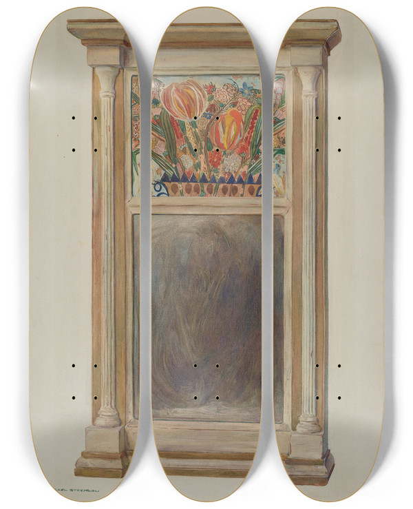 Triptych art skateboard deck of Carl Strehlau Looking Glass With Decorated Glass Panel by Carl Strehlau