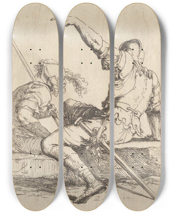 Triptych art skateboard deck of Salvator Rosa Two Soldiers Seated On A Rectangular Stone by Salvator Rosa (1615-1673)