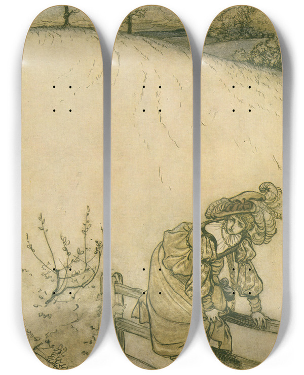 Triptych art skateboard deck of Arthur Rackham These Stiles Sadly Bothered Odille by Arthur Rackham (1867-1939)