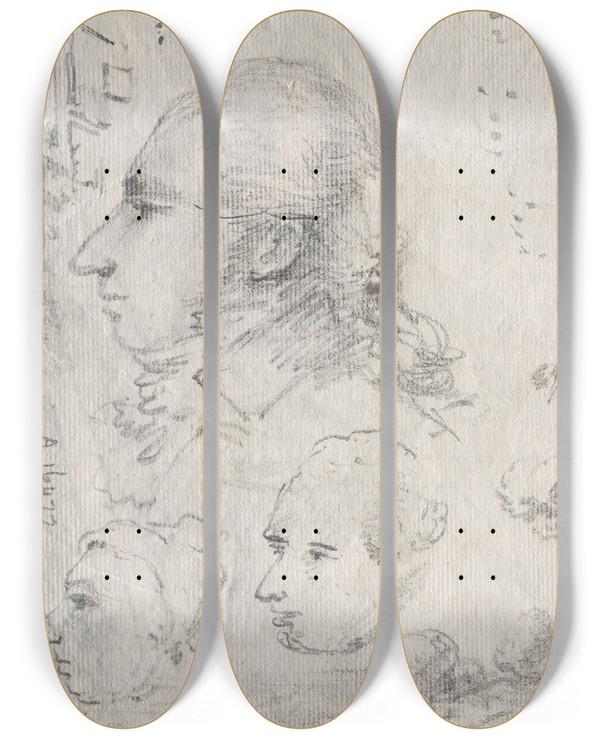Triptych art skateboard deck of Dr Thomas Monro Studies Of Heads Verso by Dr Thomas Monro (1759-1833)