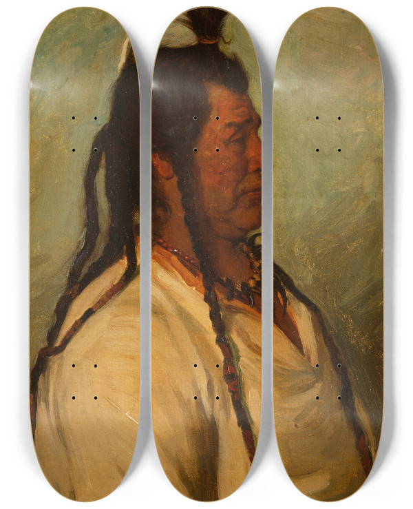 Triptych art skateboard deck of Joseph Henry Sharp Big Brave Blackfeet Dance Chief by Joseph Henry Sharp (1859-1953)