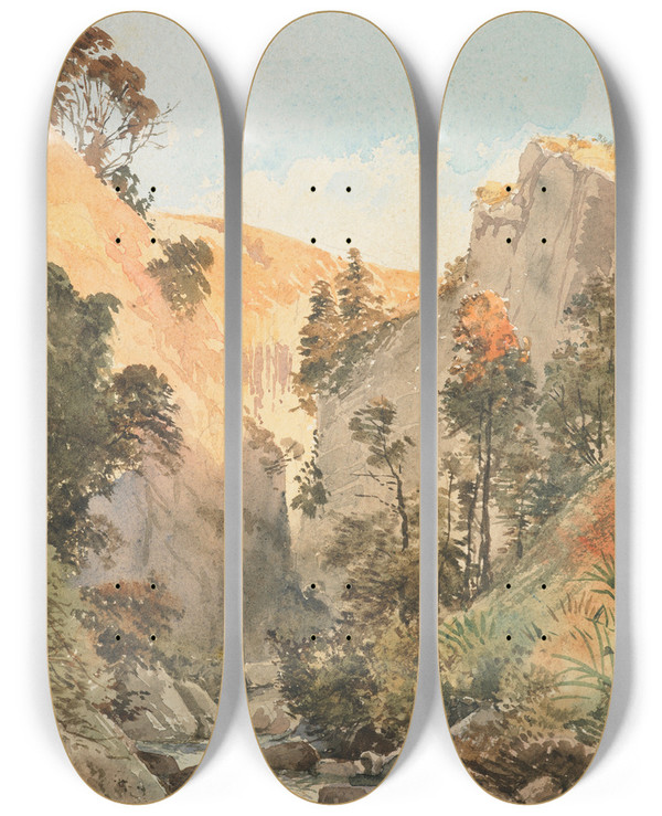 Triptych art skateboard deck of Nicholas Chevalier The Acheron River by Nicholas Chevalier (1828-1902)