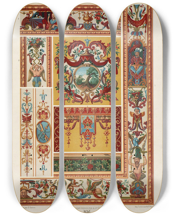 Triptych art skateboard deck of Auguste Racinet Xviii Siecle 4 by Auguste Racinet (1825-1893)